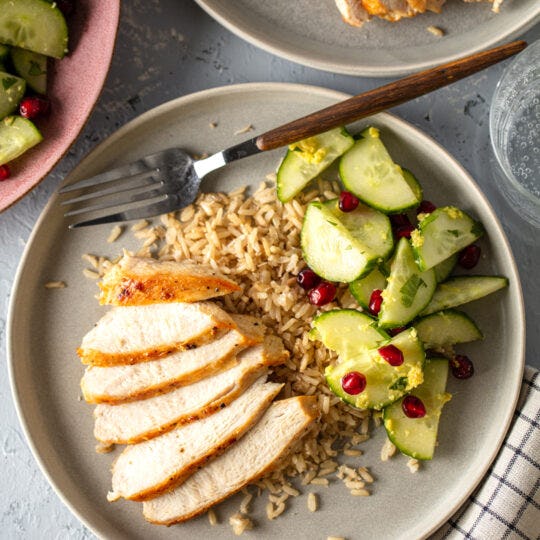 Roasted Chicken with Coconut Rice and Ginger Cucumbers