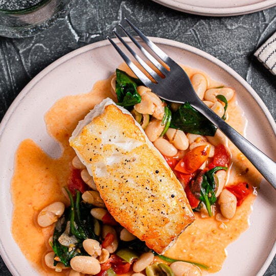 Seared Sea Bass with Lemon-Olive White Beans