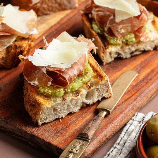 Grilled Toast with Tomatillos, Jamón, and Manchego